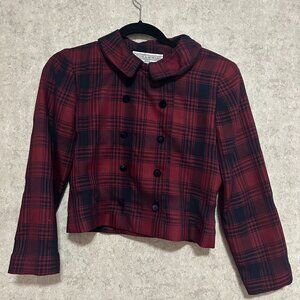 VTG 90s Petite Burgundy and Navy Plaid Blazer Jacket XS / S